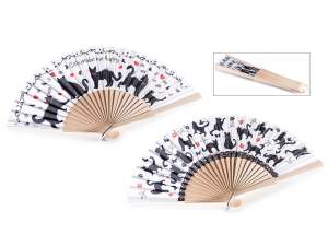 Wooden and fabric fan with cat print and hook