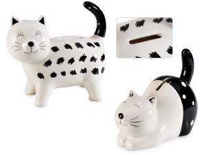 Cat piggy bank in black and white ceramic