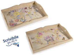 Set of 2 wooden trays ''Wildflowers'' with heart carving
