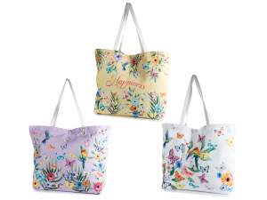 Fabric shopper bag with flower and butterfly decorations