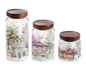 Set of 3 glass food jars with acacia wood lids