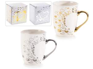 Porcelain cup with gold/silver-like heart in gift box