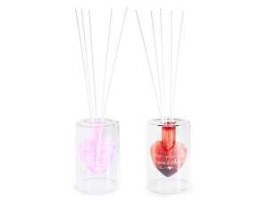 Glass air freshener with heart, 5 sticks and writing
