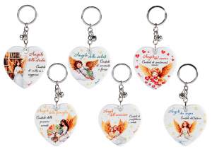 Ceramic heart keychain with guardian angel and bell