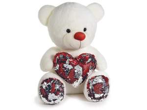 Sitting teddy bear with heart, reversible sequin paws