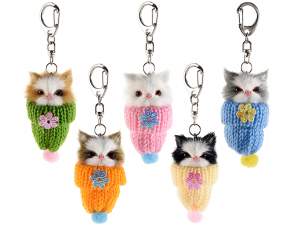 Key ring with fake fur kitten in knitted hat