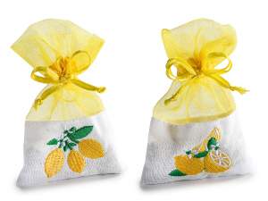Cotton and organza bag with lemon embroidery and drawstring