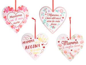 Hanging ceramic heart with embossed writing and decorations