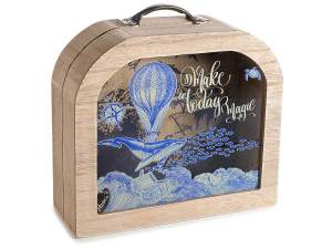 Suitcase piggy bank in wood and glass 