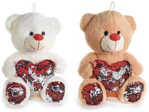 Plush teddy bear w / heart and reversible sequin paws