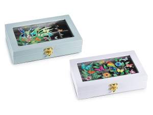 Lined wooden jewelry box with window and hook closure