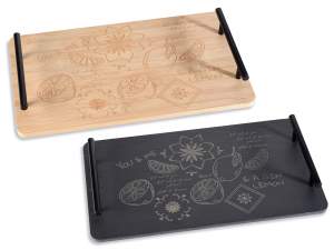 Cutting board food tray bamboo and slate, metal handles