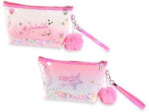 Cosmetic bag with glitter, zip and pompoms