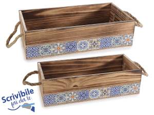 Set of 2 wooden boxes with rope handles with 