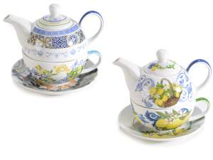 Porcelain cup and teapot set with citrus decorations