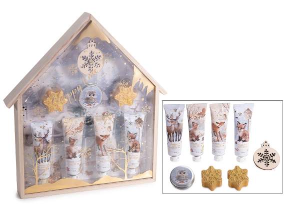 Conf. regalo con 7 prodotti corpo e decoro in legno