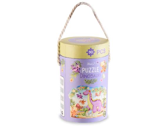 Puzzle 30 cardboard tiles in cylindrical box with handle