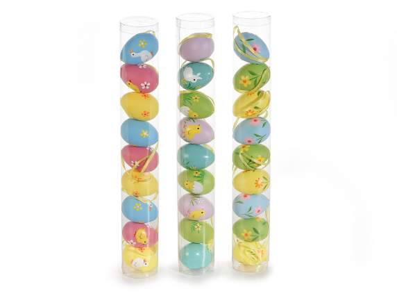 9 Hanging hand painted plastic eggs tube