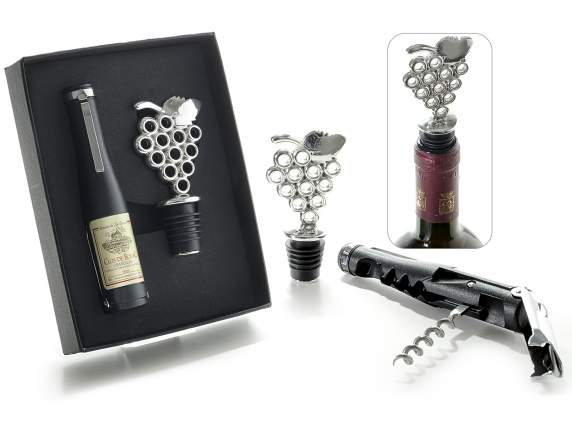 Caja de regalo con abrebotellas y tapón de racimo de uvas