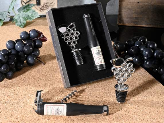 Caja de regalo con abrebotellas y tapón de racimo de uvas