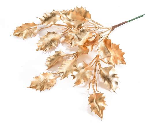 Ramo 3 ramitas hojas de acebo artificial dorado