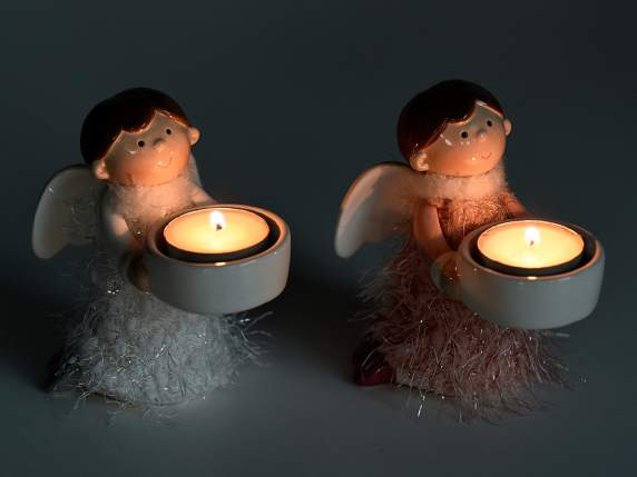 Angel navideno portavelas en ceramica con vestido perlado