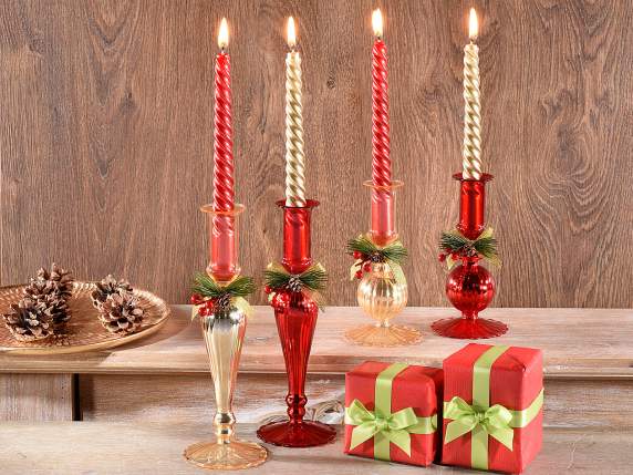Set de 2 portavelas de cristal con lazo navideño