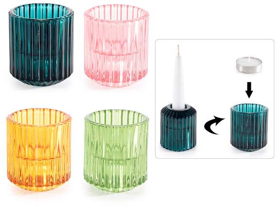 Portavelas de cristal moleteado de colores con doble uso