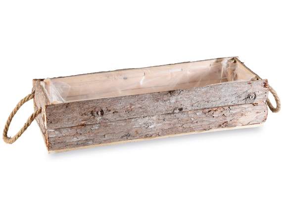 Jarrón-cesta de madera con asas de cuerda y forro interior