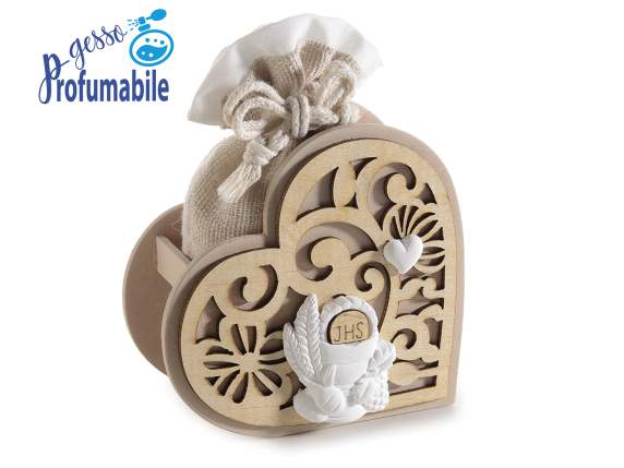 Corazón de madera con escayola decoración comunión y bolso c