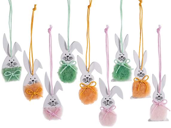 Expositor papel 72 conejitos de madera colorada para colgar