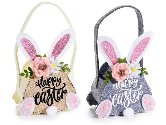 Bolso de mano de tela de conejo con texto Happy Easter y flo