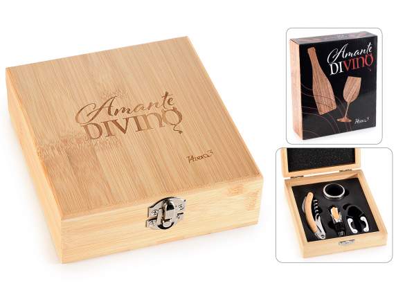Caja de madera con 4 accesorios sumiller para vino en caja r