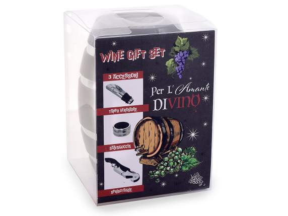 Barril con 3 accesorios de sommelier de vino en caja de rega