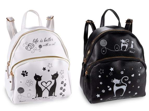 Mochila de piel sintética con adornos gatos