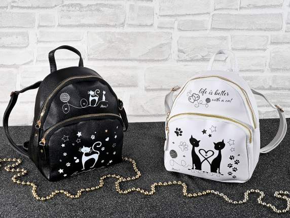 Mochila de piel sintética con adornos gatos