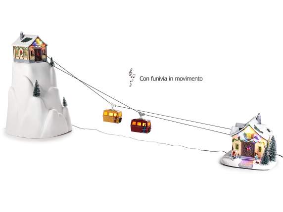 Paisaje de teleférico con góndolas en movimiento, luces y mú