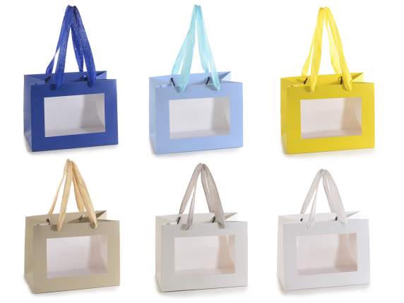 Bolsa pequeña de papel de colores con asas de tela y ventana