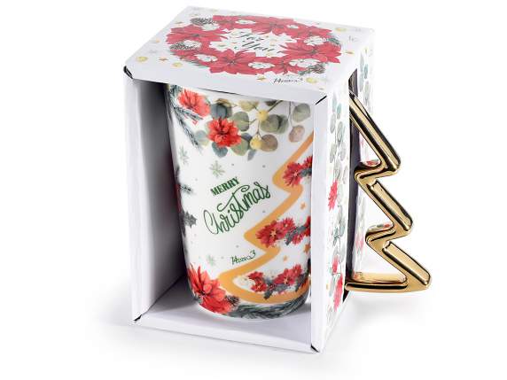Taza de porcelana con asa de árbol dorado en caja de regalo
