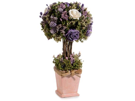 Alberello in vasetto con rose, fiori artificiali e fiocco