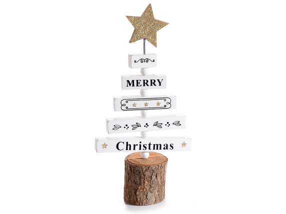 Albero di Natale in legno c/scritte, decori e stella glitter