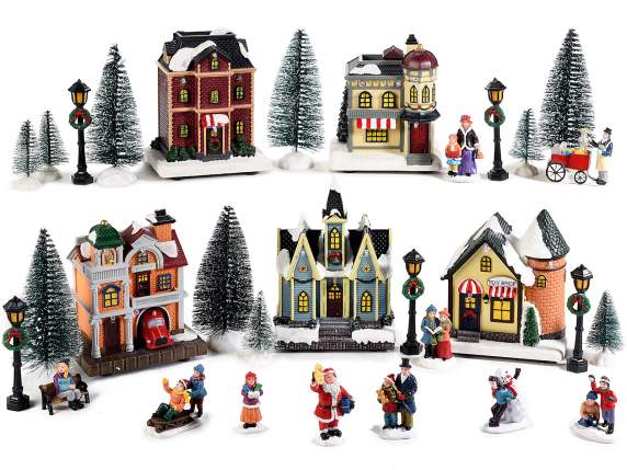 Pueblo navideño modular de 30 piezas en resina con luces