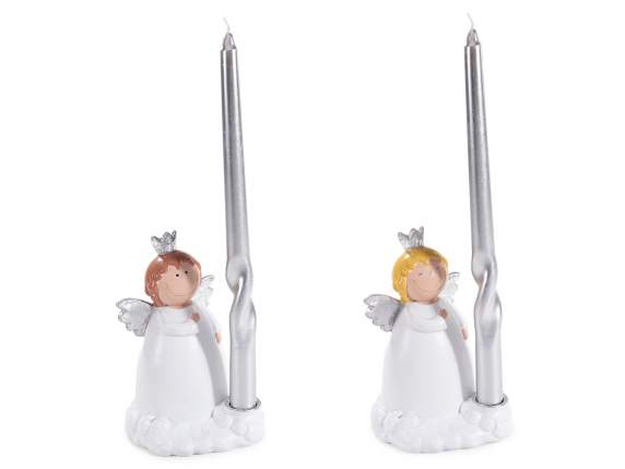 Resin candle holder with angel and torchon stem candle