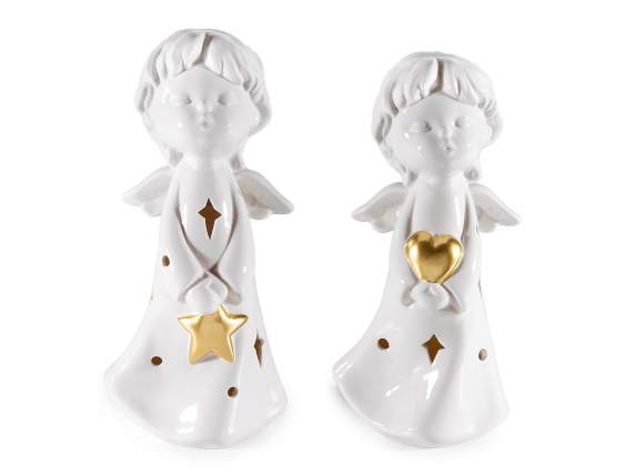 Ángel porcelana blanca brillante con detalles dorados y LED