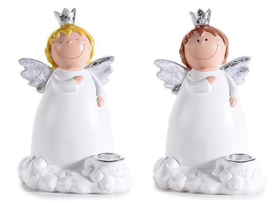 Portacandela in resina con angioletto e decori argento