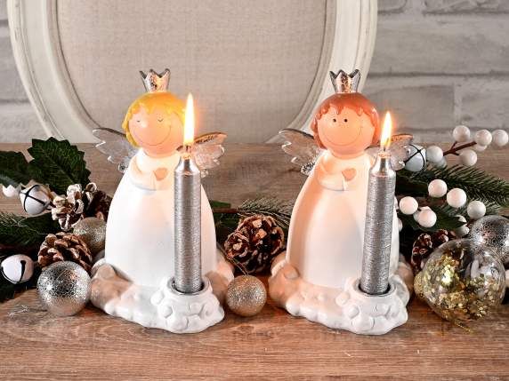 Portacandela in resina con angioletto e decori argento
