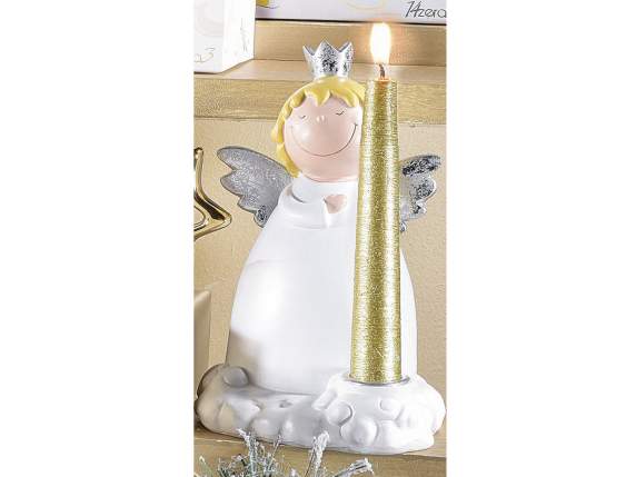 Portacandela in resina con angioletto e decori argento