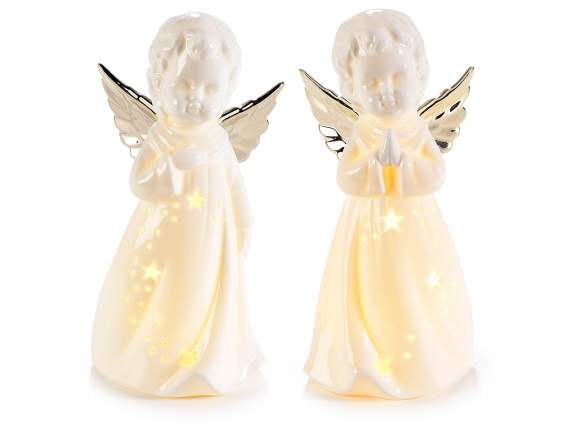 Ange en porcelaine blanche brillante, ailes dorées et LED