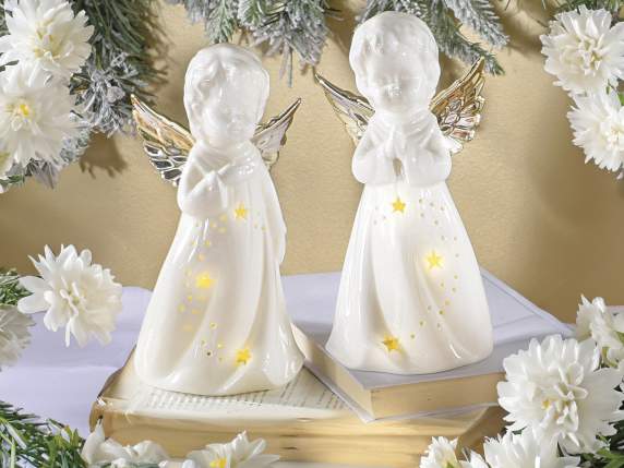 Ange en porcelaine blanche brillante, ailes dorées et LED