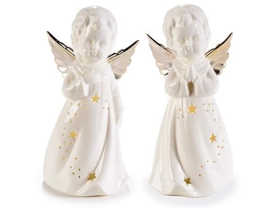 Ange en porcelaine blanche brillante, ailes dorées et LED